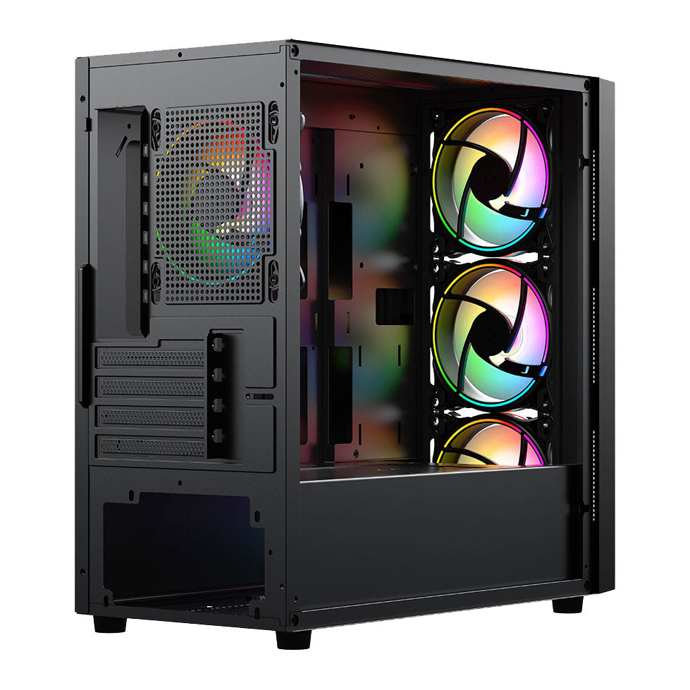 Vida Lucid Black MicroATX Tower Tempered Glass PC Gaming Case w/ Tempered Glass Window, 4x 120mm ARGB